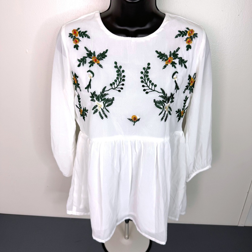 Pannkh Tunic Womens Small White Floral Embroidered Babydoll 3/4 Sleeve Blouse